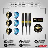 Top-down view of 90% tungsten darts set with three darts, two sets of flights, two sets of shafts, point protector, and 50 year plaque.