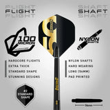 Standard shape 100 micron dart flight and 54mm nylon shaft shown front view with feature callouts for extra thick flights and hard-wearing shaft.