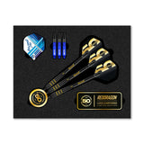 Top-down shot of Luke Humphries 50 Year Anniversary 90% tungsten darts set in display packaging with flights, blue stems, and gold detailing.