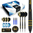 Limited edition Luke Humphries 90% tungsten darts set with black and gold barrel, packaging, flights, shafts, and 50 year anniversary badges.