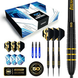 Limited edition Luke Humphries 90% tungsten darts set with black and gold barrel, packaging, flights, shafts, and 50 year anniversary badges.