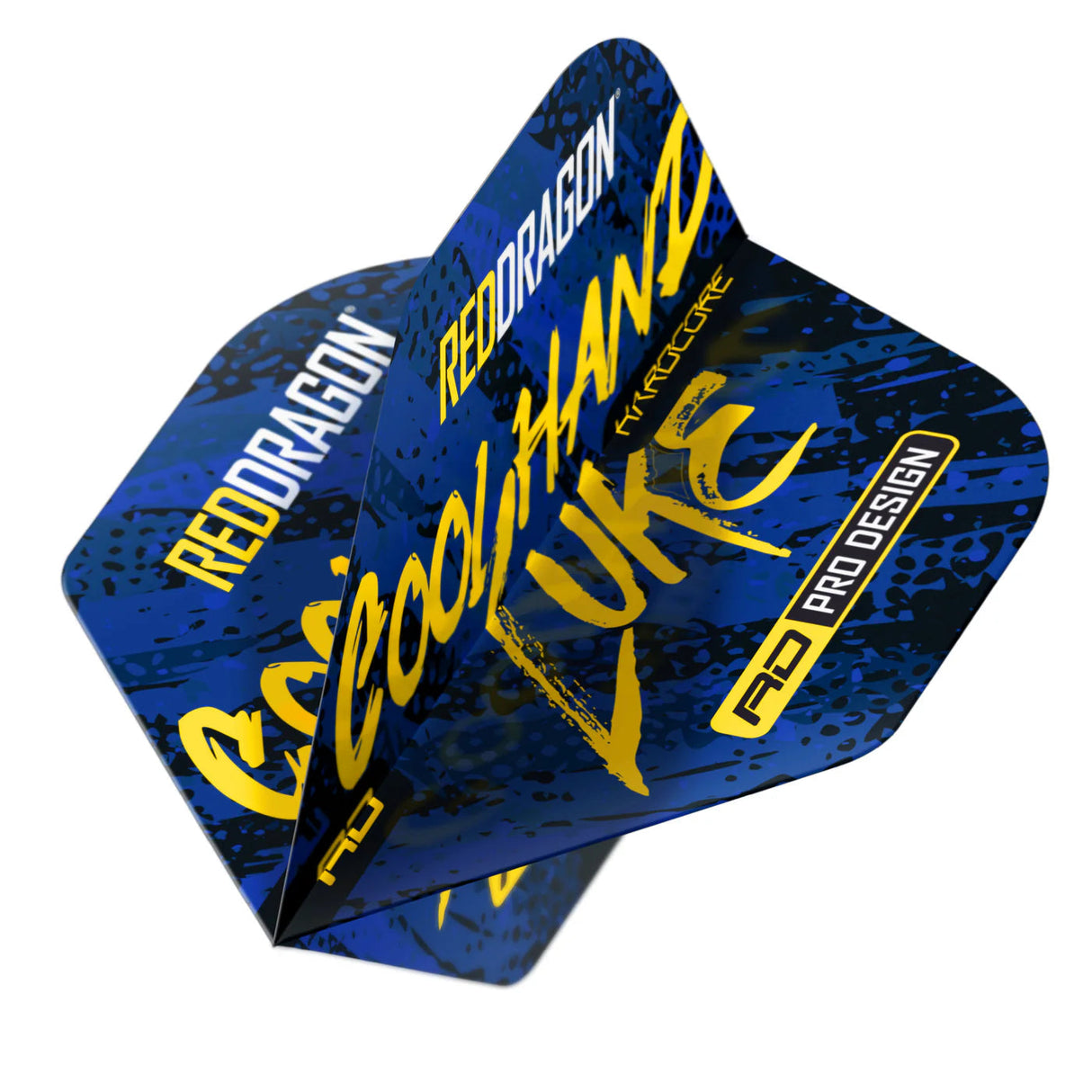 Angled close-up of blue No.2 dart flight set with yellow Cool Hand Luke design, showing textured HD graphics for darts