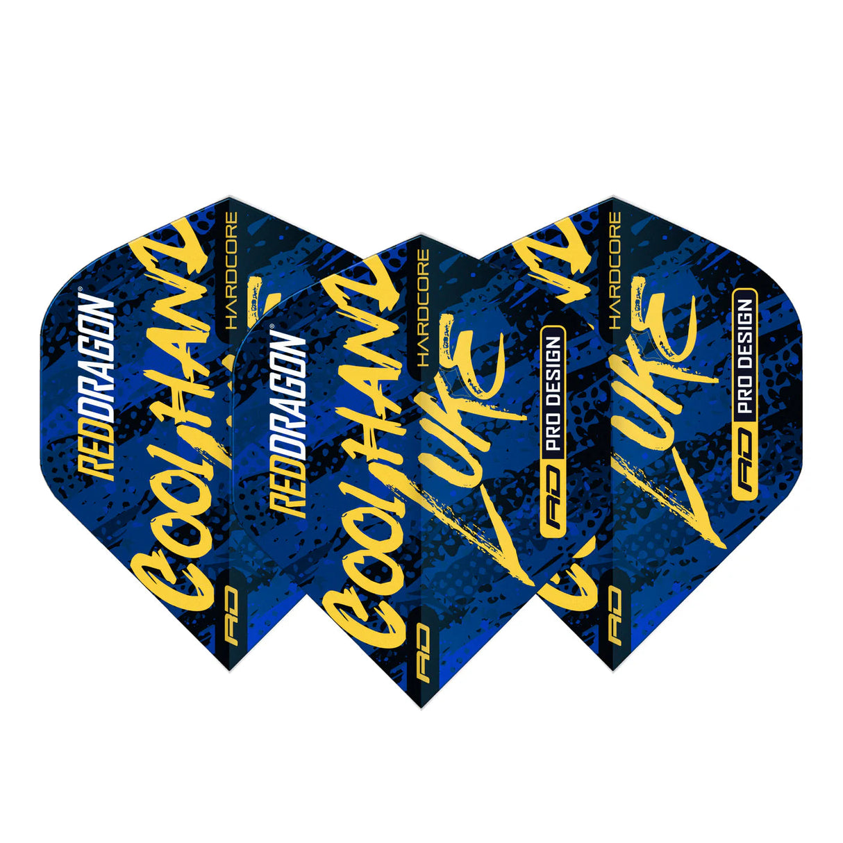 Blue Luke Humphries No.2 dart flights set of three fanned out, bold yellow text and pro design pattern, isolated on white background