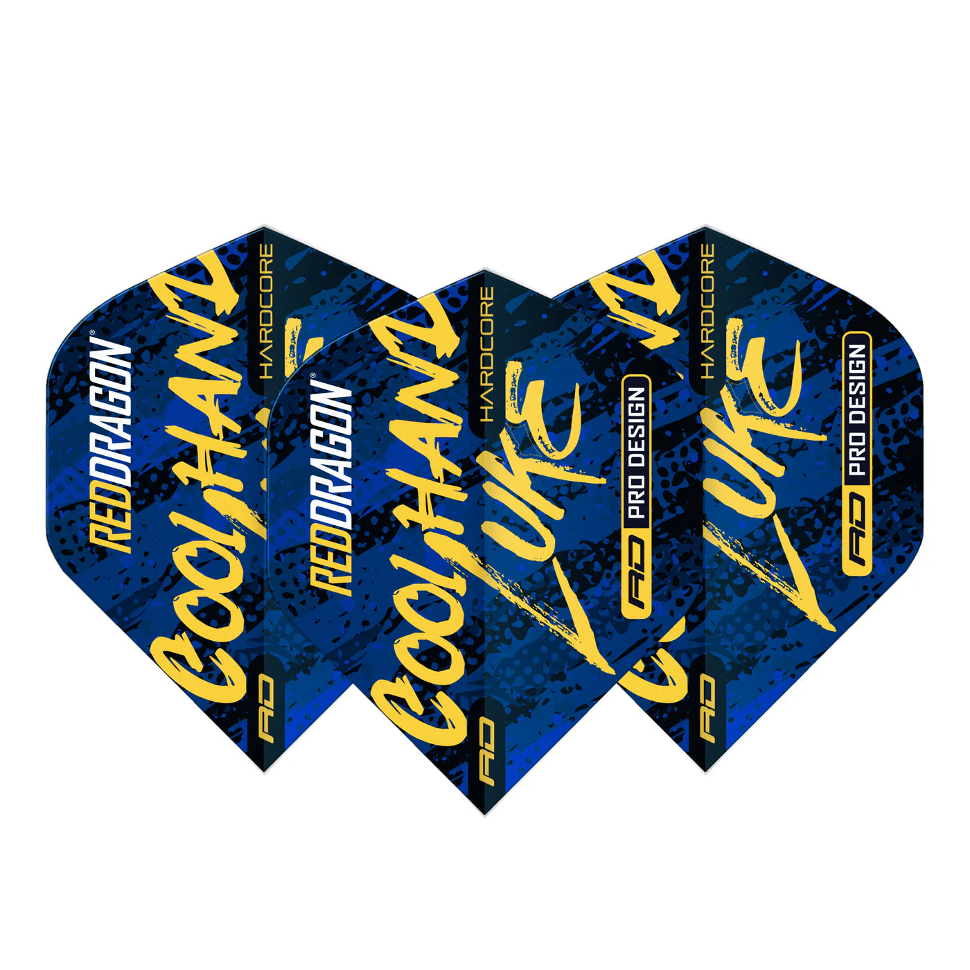 Blue Luke Humphries No.2 dart flights set of three fanned out, bold yellow text and pro design pattern, isolated on white background