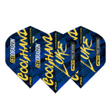 Blue Luke Humphries No.2 dart flights set of three fanned out, bold yellow text and pro design pattern, isolated on white background