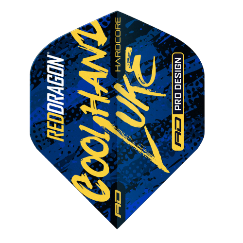 Full dart flight view on white background, Cool Hand Luke yellow-blue hardcore design, No.2 shape, pro darts accessory