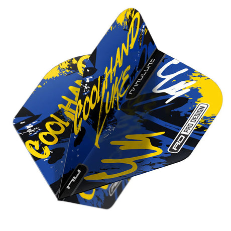 Angled close-up of three blue and yellow no.2 dart flights with Cool Hand Luke graphics, dart flights isolated on white background