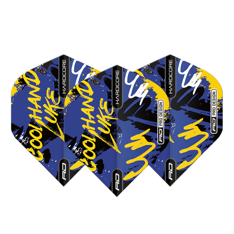 Three blue and yellow Luke Humphries Hardcore No.2 dart flights displayed side-by-side on white, showcasing bold graphics and pro design features
