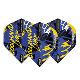 Three blue and yellow Luke Humphries Hardcore No.2 dart flights displayed side-by-side on white, showcasing bold graphics and pro design features