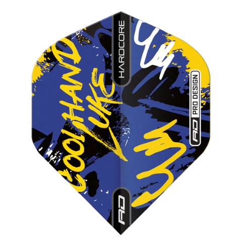 Close-up full view of blue and yellow Luke Humphries No.2 dart flight with Hardcore and Pro Design graphics, isolated on white background