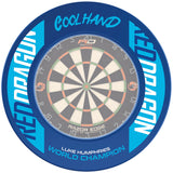 Front view dartboard with blue Luke Humphries World Champion surround, bold lettering, ideal for dart setup protection