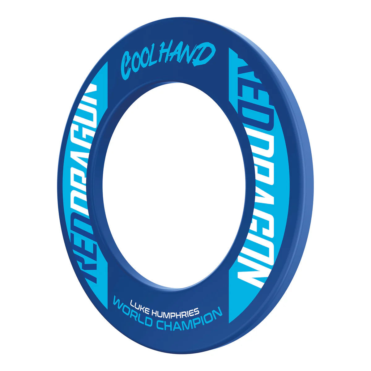 Angled full view of blue Luke Humphries dartboard surround with Cool Hand and World Champion text, isolated on white background