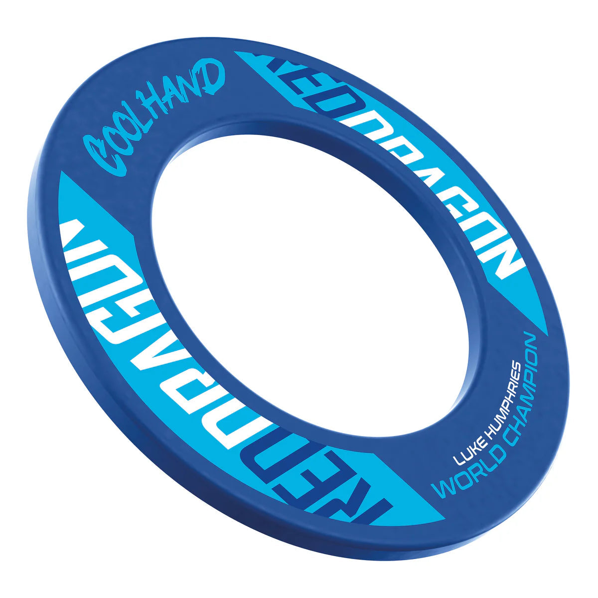 Angled view of blue Luke Humphries dartboard surround ring, showcasing bold 'Cool Hand' lettering and champion edition graphics.