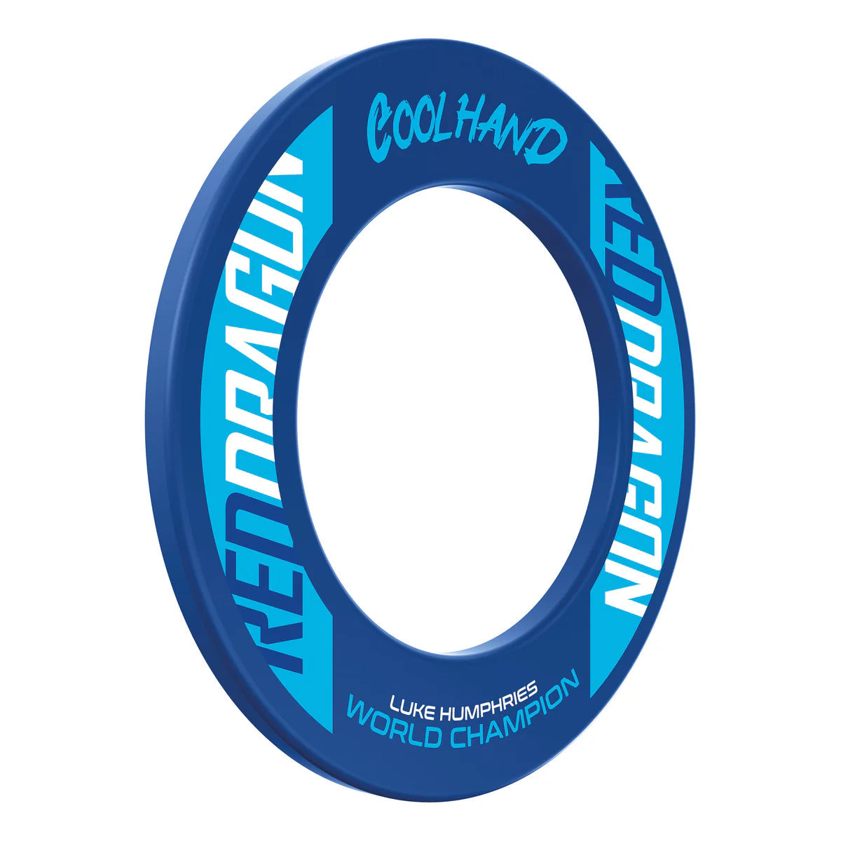 Angled view blue dartboard surround with Coolhand and World Champion lettering, isolated on white for dartboard protection