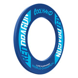 Angled view blue dartboard surround with Coolhand and World Champion lettering, isolated on white for dartboard protection