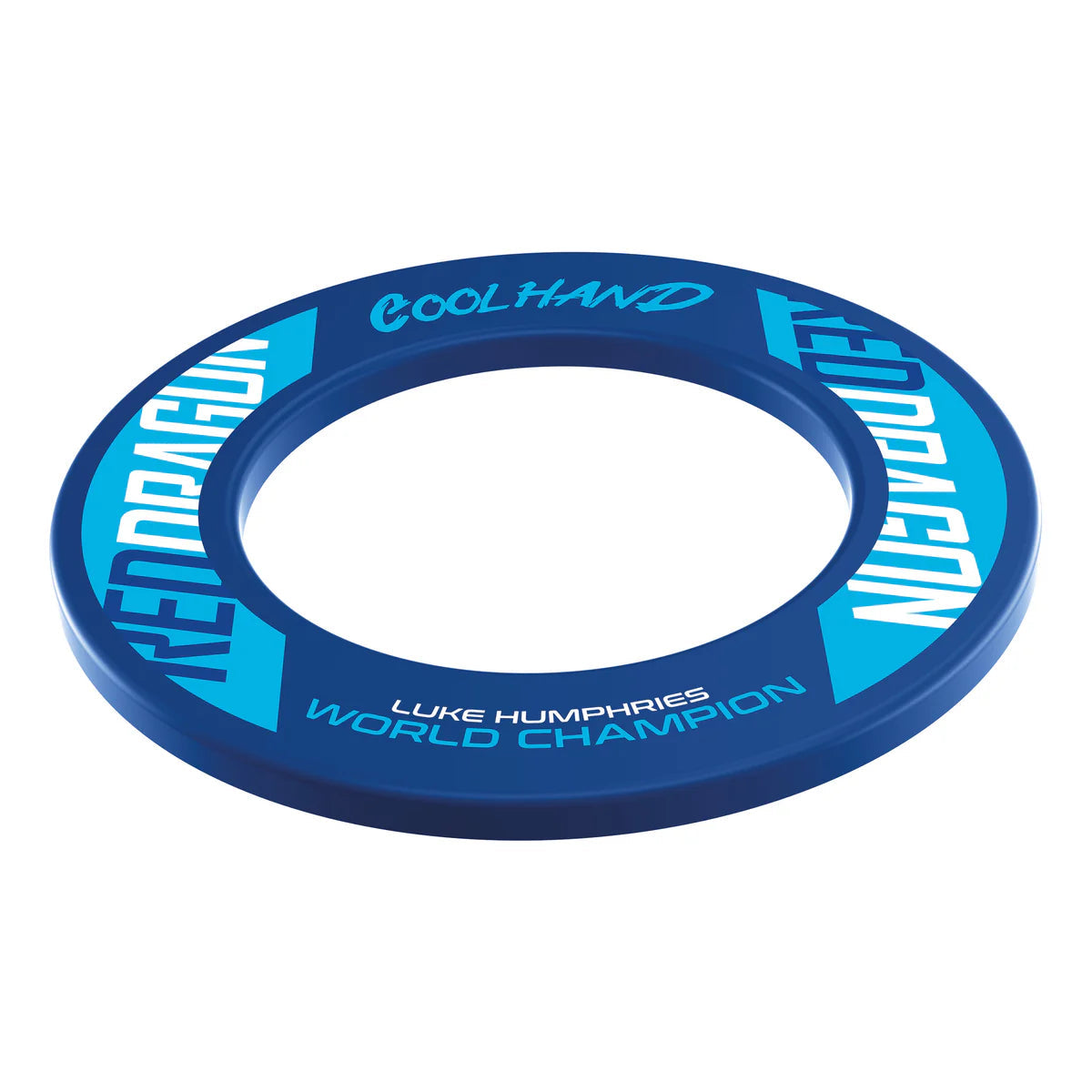 Angled view blue dartboard surround with Cool Hand and World Champion text, isolated on white, showing detailed branding and design.