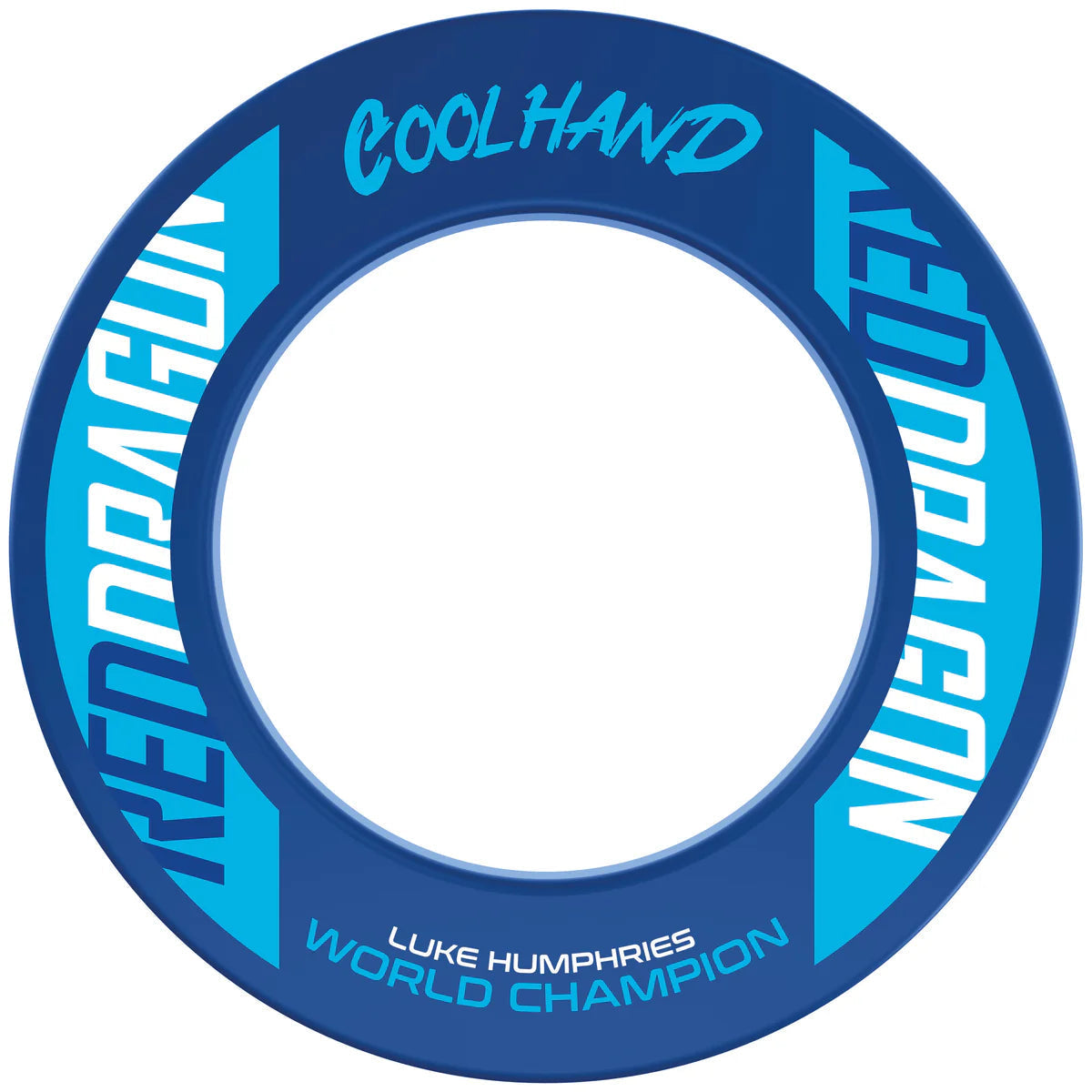 Blue Luke Humphries dartboard surround ring full view, Cool Hand and World Champion text, isolated on white background