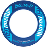 Blue Luke Humphries dartboard surround ring full view, Cool Hand and World Champion text, isolated on white background
