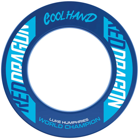 Blue Luke Humphries dartboard surround ring full view, Cool Hand and World Champion text, isolated on white background