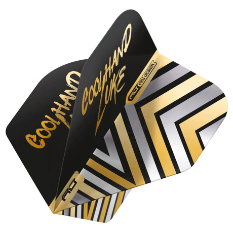 Angled close-up of No.2 dart flight with gold 'Cool Hand Luke' text and metallic chevron pattern, highlighting flight design details.