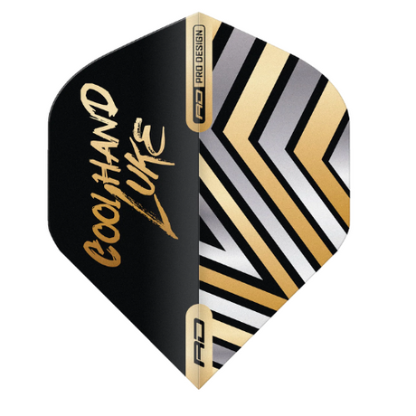 Dart flight full view on white background featuring gold, black, and silver zigzag pattern with Cool Hand Luke script and pro design details