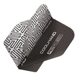 Angled close-up of Luke Humphries grey No.2 dart flight with black and silver geometric pattern and Coolhand text, isolated on white.