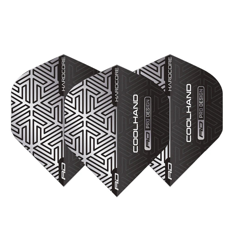 Set of three Luke Humphries Grey No.2 dart flights with geometric silver pattern, arranged together on white background