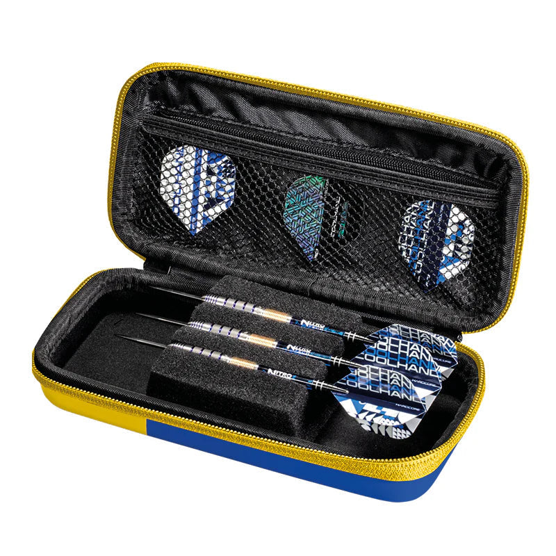 Open darts case angled view with three assembled darts in foam holder, extra flights in mesh pocket, yellow zip, isolated on white