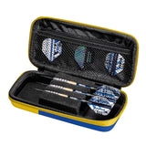 Open darts case angled view with three assembled darts in foam holder, extra flights in mesh pocket, yellow zip, isolated on white