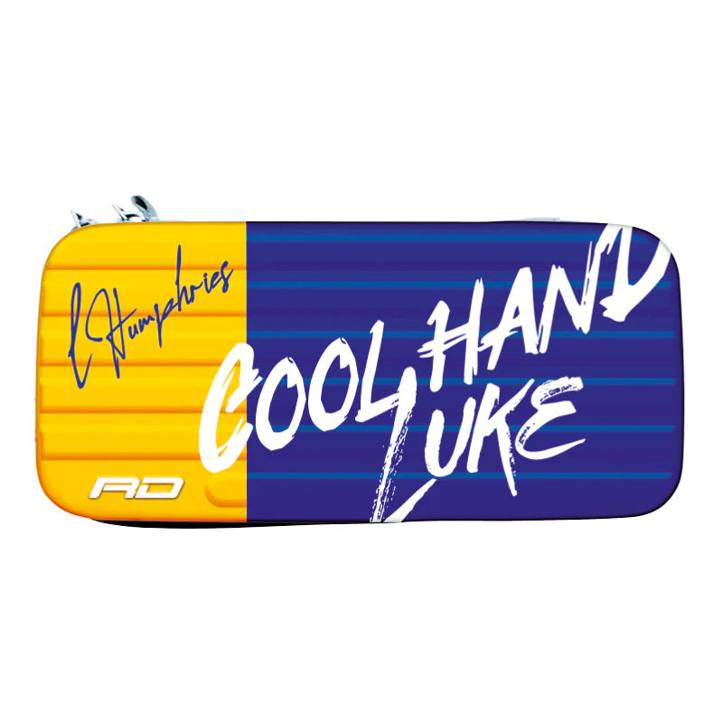 Full view of Luke Humphries Monza darts case with yellow and blue exterior, bold Cool Hand Luke text, isolated on white background