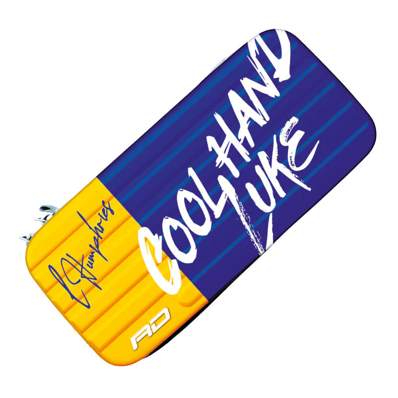 Angled full view of blue and yellow darts case with Cool Hand Luke and signature graphics, hard shell design for dart storage