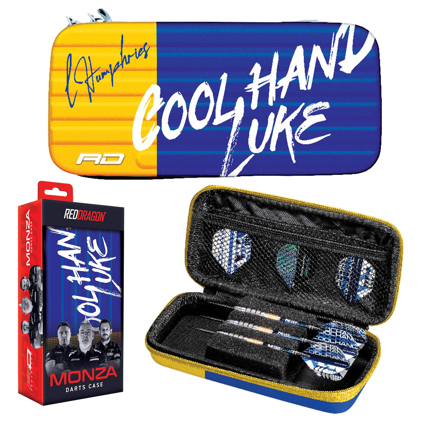 Monza darts case blue and yellow design, open view with one set of darts and flights, plus retail box packaging