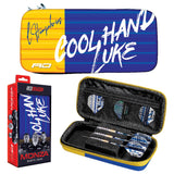 Monza darts case blue and yellow design, open view with one set of darts and flights, plus retail box packaging