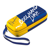 Angled view of blue and yellow dart case with zipper, wrist strap, and Cool Hand Luke signature for dart storage