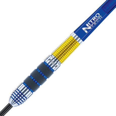 Close-up of tungsten dart barrel with blue, yellow, and silver rings, showing precise grip texture and knurled details, ideal for dart players