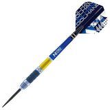 90 percent tungsten dart full view on white background with detailed yellow and blue grip, precision barrel rings, and blue patterned flight