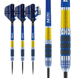 Luke Humphries 90% tungsten darts shown in full and close-up, emphasizing knurled grip, blue shafts, Cool Hand flights, and textured barrel rings