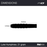 Side profile of Luke Humphries 21g tungsten dart barrel with 54.6mm length and 6.35mm diameter highlighted