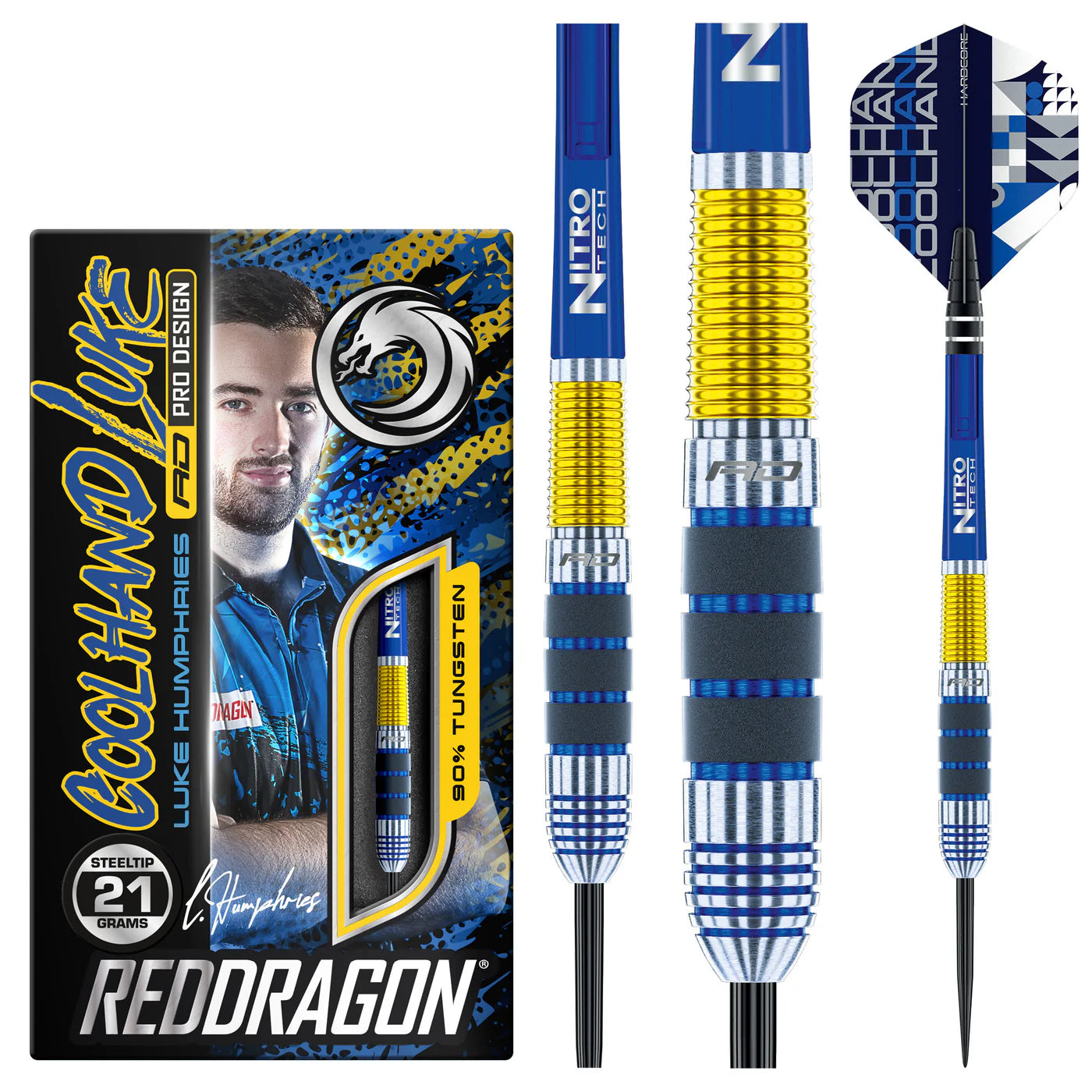 90% tungsten darts set with packaging, close-up on blue and gold textured barrel, black grip rings, and custom blue flight