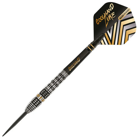 Angled full view tungsten dart with precision grip, black and gold barrel rings, and designer flight, isolated on white background