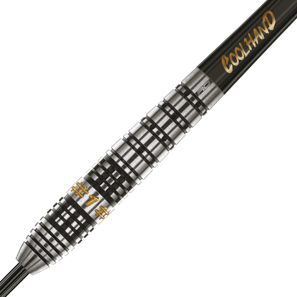 Close-up of tungsten dart barrel showing precision grip rings and etched Coolhand detail, ideal for steel tip darts buyers