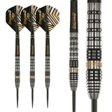 Three 90% tungsten darts upright with black and gold flights, detailed close-up of ringed barrel grip and gold #1 engraving, isolated on white