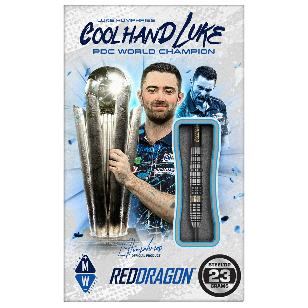 Retail packaging displaying Luke Humphries 90% tungsten darts with visible black-grip dart barrel, steeltip 23g, and world champion artwork