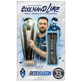 Retail packaging displaying Luke Humphries 90% tungsten darts with visible black-grip dart barrel, steeltip 23g, and world champion artwork