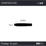 Dart barrel silhouette on white background showing 43.18mm length and 7.3mm diameter, 22 gram tungsten dart dimensions