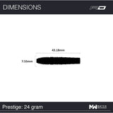 Dart barrel silhouette side view showing 43.18mm length and 7.55mm diameter, Prestige 24g, ideal for tungsten dart buyers