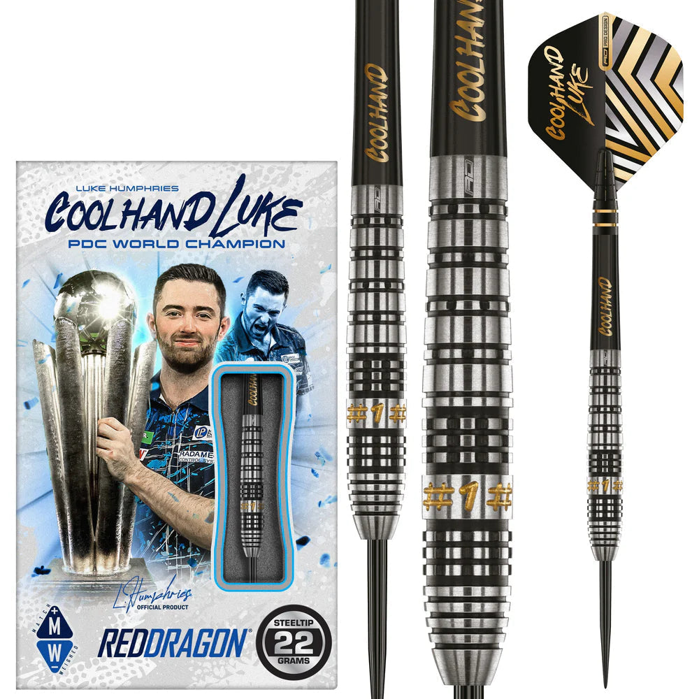 Luke Humphries 90% tungsten darts with knurled barrel, gold engraving, packaging and flight, steeltip, 22g weight