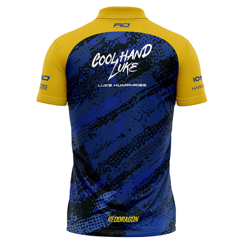 Back view Luke Humphries darts shirt full product shot, blue and yellow design, Cool Hand Luke print, isolated on white for dart players