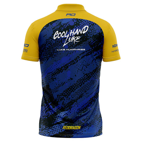 Back view Luke Humphries darts shirt full product shot, blue and yellow design, Cool Hand Luke print, isolated on white for dart players