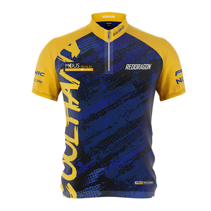 Full front view of Luke Humphries Tour Darts Shirt, blue and yellow graphic polo, isolated on white, moisture wicking fabric and sponsor logos